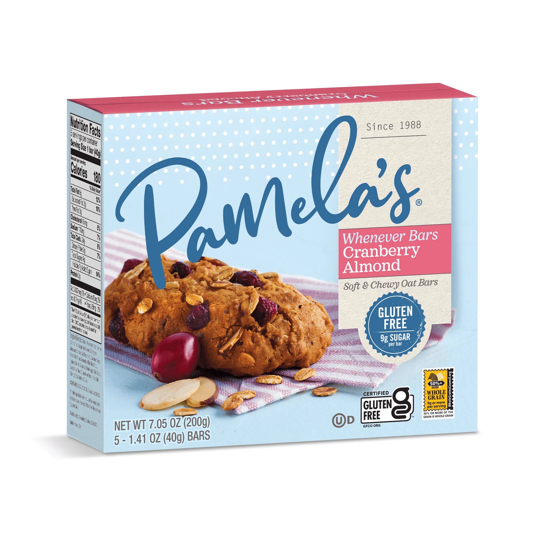 Box of Pamela's Whenever Bars Cranberry Almond on a white background