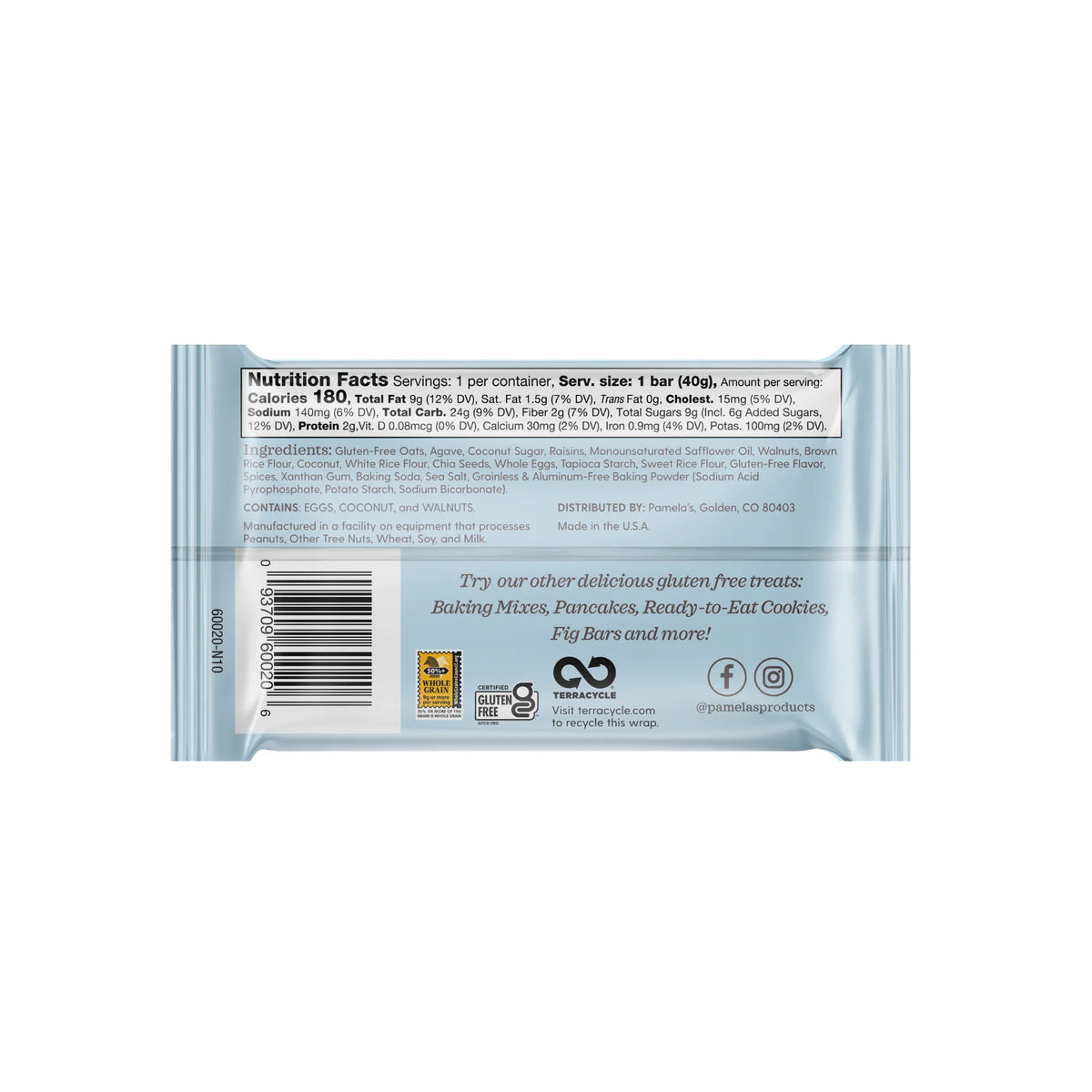 Back of a food package with nutrition facts and branding on a white background