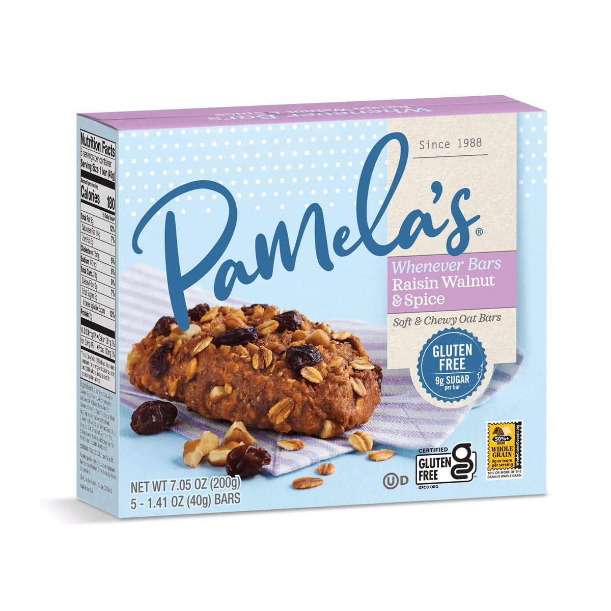 Box of Pamela's Raisin Walnut & Spice oat bars on a white background