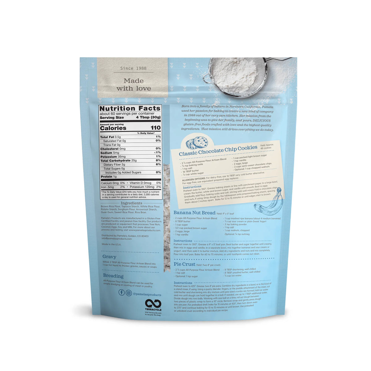 Back of a blue packaging with text and graphics on a white background