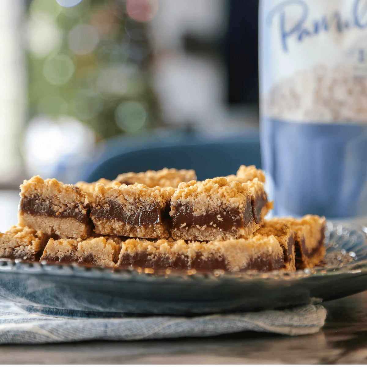 Biscuit bars on a plate with a blurred background