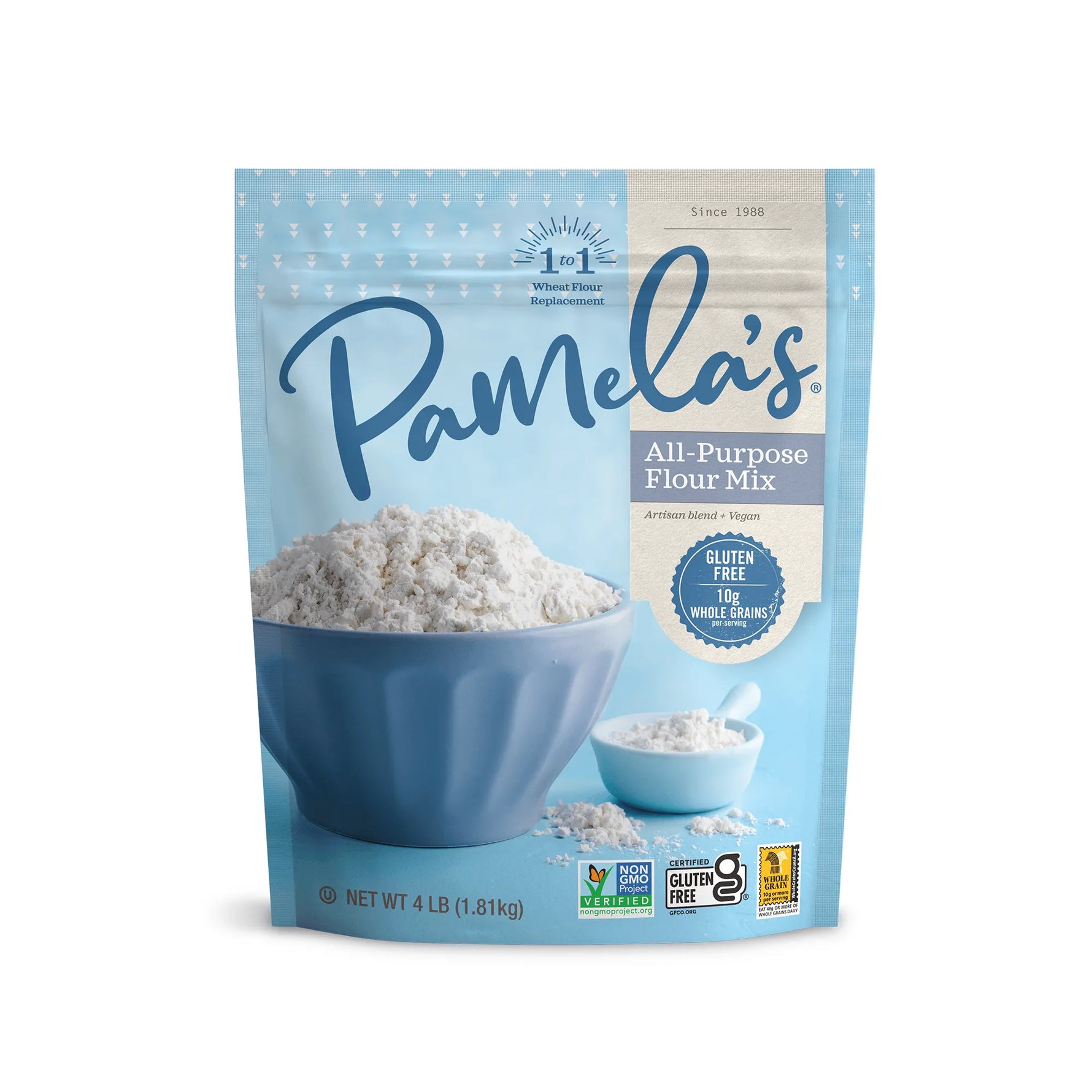 Pamela's All-Purpose Flour Mix packaging with a blue bowl of flour on a white background