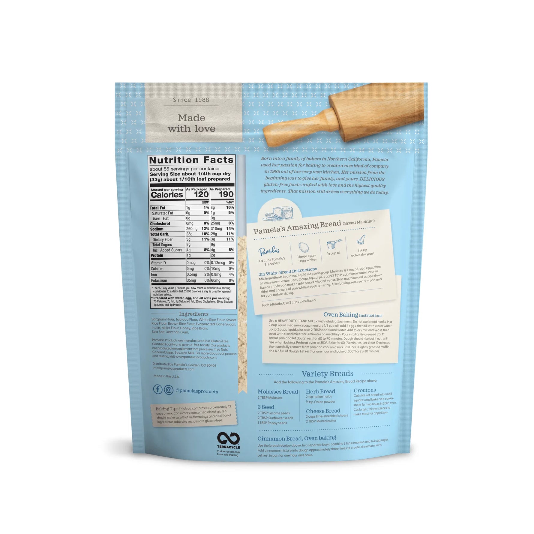 Pamela's Amazing Bread packaging with nutritional information and ingredients list on a white background