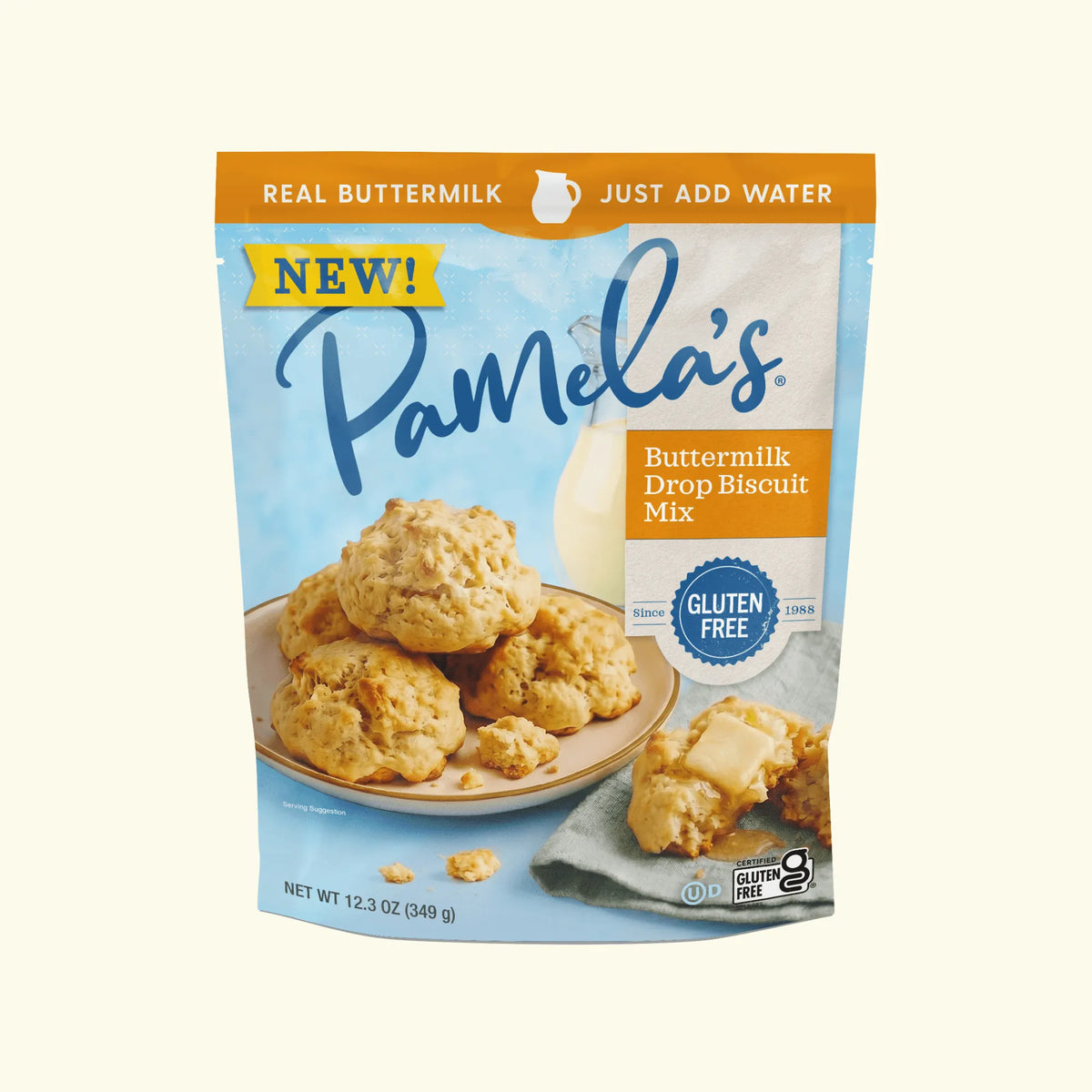 Pamela's Gluten-Free Buttermilk Drop Biscuit Mix, 12.3 oz package with golden gluten-free buttermilk drop biscuits on a dinner plate