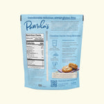 Back of Pamela's Gluten-Free Cheddar Garlic Drop Biscuit Mix package with nutrition facts, ingredients, and baking steps