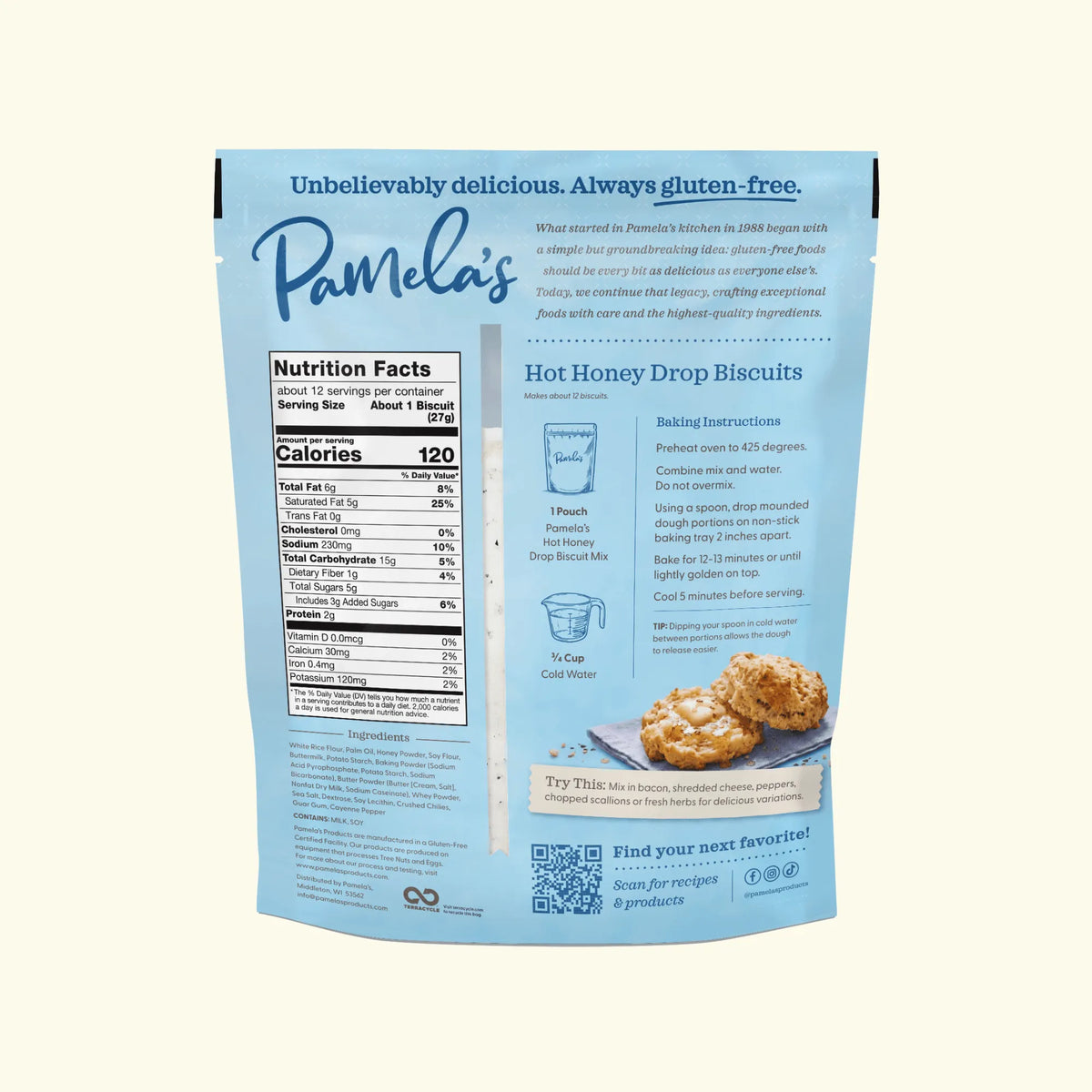 Back of Pamela's Gluten-Free Hot Honey Drop Biscuit Mix package with nutrition facts, ingredients, and baking instructions
