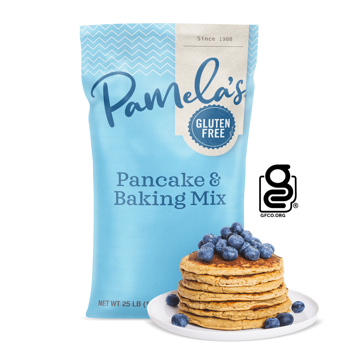 Pamela's gluten-free pancake and baking mix bag with a stack of pancakes and blueberries on a white background