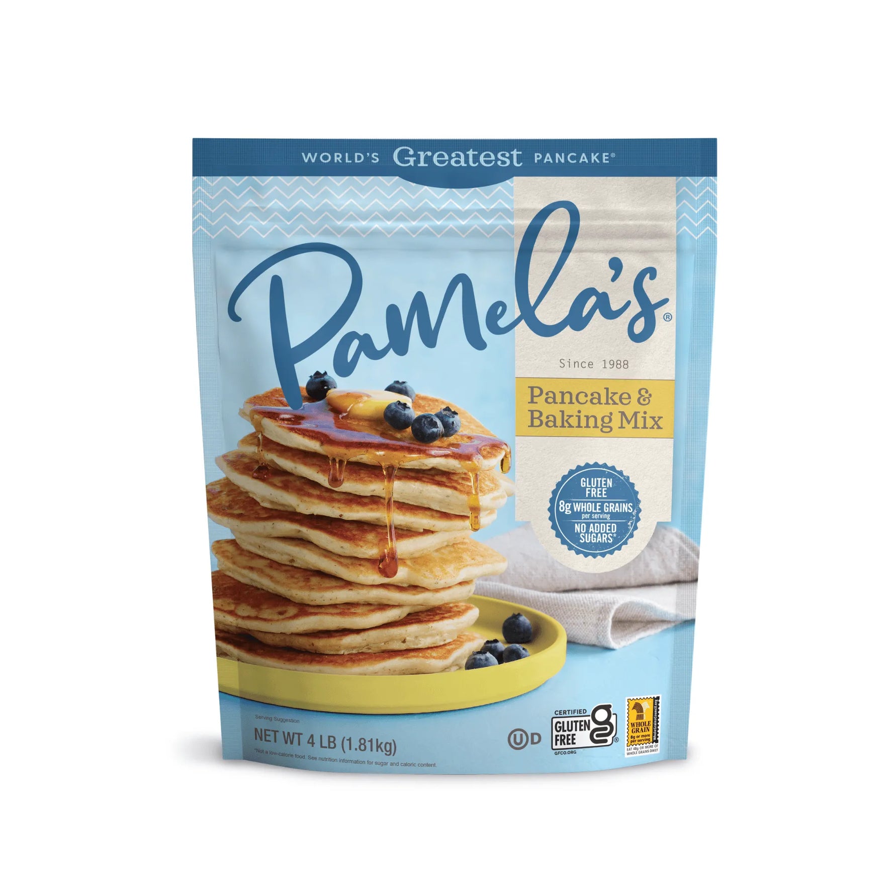 Pamela's Pancake & Baking Mix packaging with a stack of pancakes on a white background